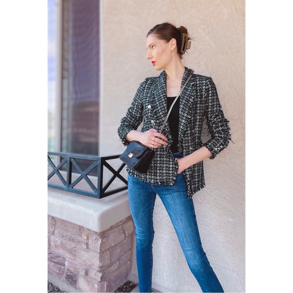 RACHEL ZOE Green & Black Textured Boucle Tweed Fringe Blazer Suit Jacket M - Picture 14 of 15